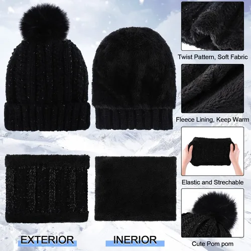 Miniatura 3 de 5 Pieces Women Winter Ski Outing Set, Knit Hat Scarf Gloves Earmuffs Stockings