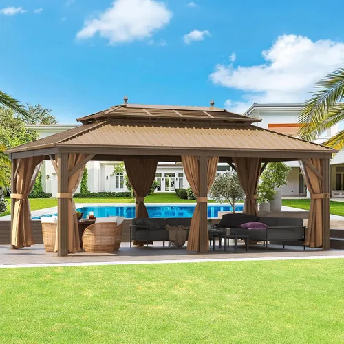 Miniatura 14 de DWVO Gazebo de techo rígido de 10 x 10 pies, techo doble con redes y cortinas, techo de rayas verticales de acero galvanizado resistente para patio