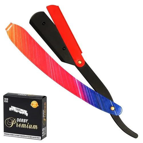 Miniatura 7 de Maquinilla de afeitar profesional de borde recto para hombres con 100 cuchillas Derby reemplazables para barbero de una sola hoja (negro/multicolor)