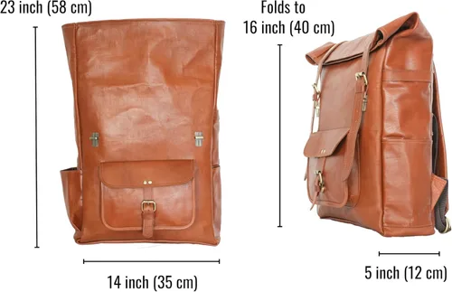 Miniatura 7 de jaald Mochila de cuero marrón de 23 pulgadas, mochila vintage para portátil, bolsa de viaje grande con parte superior enrollable, cómoda y ligera