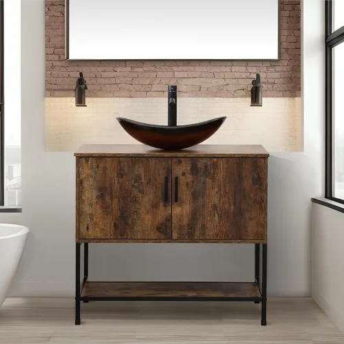 Miniatura 24 de UEV Tocador de Baño de Roble Rústico de 24" con Lavabo, Conjunto de Gabinete de Baño con Marco de Hierro Industrial con Puertas y Estante, con Combo