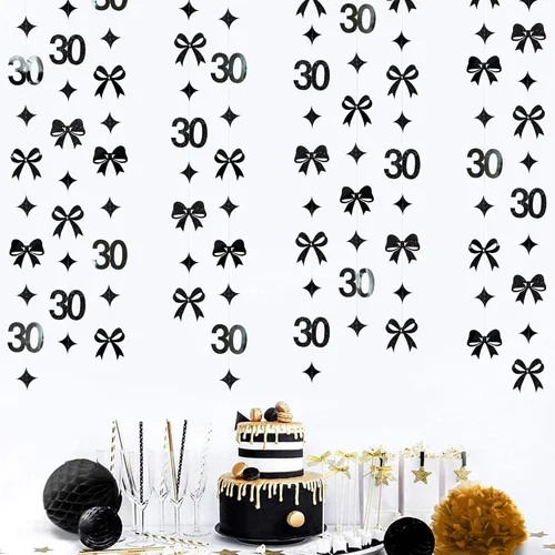 Decoraciones de cumpleaños negras con lazo del 30 aniversario, guirnalda de lazos coquette con purpurina, pancarta serpentina para mujeres y