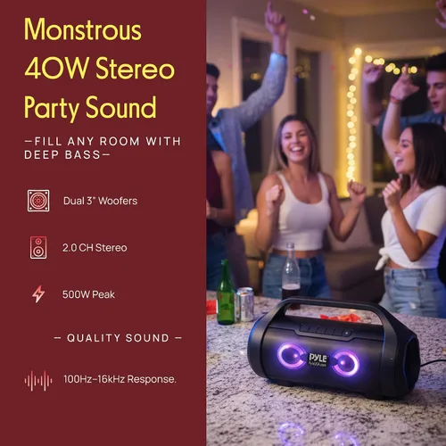 Miniatura 4 de Pyle Altavoz portátil Bluetooth Boombox – 40 W de potencia máxima, 2.0 canales recargable estilo barril altavoz con TWS, luces LED – entrada AUX