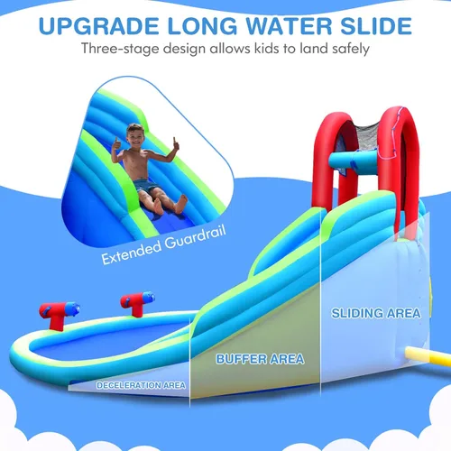 Miniatura 4 de HONEY JOY Toboganes acuáticos inflables, casa de rebote para niños con toboganes largos, pared de escalada y piscina grande para salpicaduras