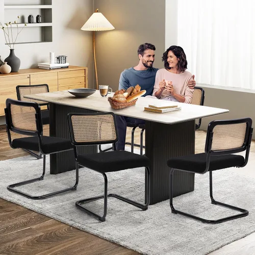 Miniatura 7 de KROFEM Juego de 2 sillas de comedor, sillas modernas de ratán para la cocina, diseño moderno de mediados de siglo, estructura de cromo pulido, Negro