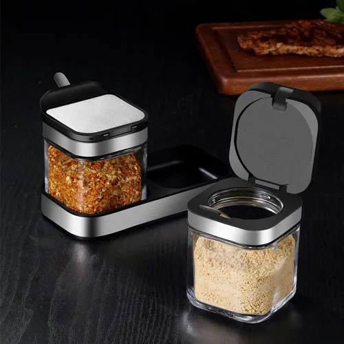 Miniatura 3 de V-Shine Contenedor de especias para condimentos con tapas y cucharas de acero inoxidable 304, recipientes de vidrio transparente para condimentos