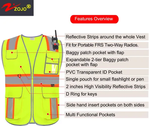 Miniatura 4 de zojo Chaleco de seguridad de alta visibilidad, reflectante con bolsillos multifuncionales y cremallera, para hombres y mujeres, Franja negra