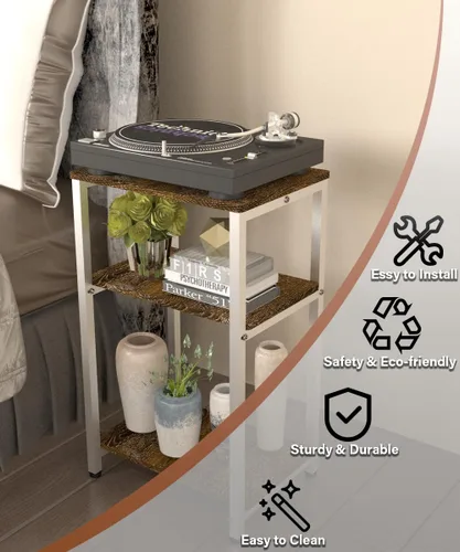 Miniatura 4 de Mesa auxiliar de 3 niveles, mesa auxiliar resistente con estantes, mesa de noche estrecha para espacios pequeños, mesa de tocadiscos para Blanco
