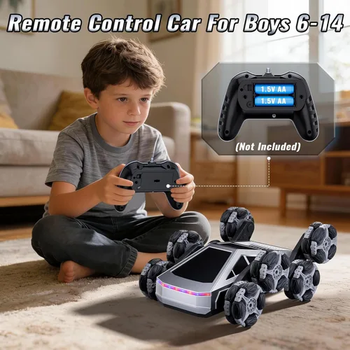 Miniatura 6 de Bsgifts Auto de control remoto, 8 ruedas RC Stunt Car con luces LED y música, auto de deriva RC de 2.4 GHz para niños de 6 a 14 años, regalo