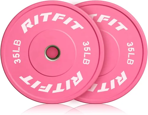 Miniatura 19 de RITFIT Placas de peso rosas, placa de pesas olímpicas de 2 pulgadas, placas de parachoques con inserto de acero, pesas rosas para gimnasio y hogar