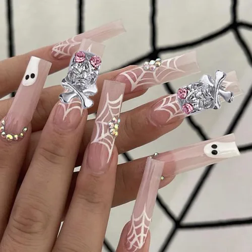 Miniatura 6 de 10 dijes de uñas de Halloween, diseño de calavera de fantasma, corazón con gemas de uñas, divertidos diamantes de imitación de uñas de Halloween
