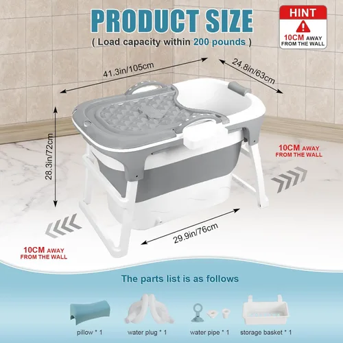 Miniatura 2 de Bañera portátil plegable para adultos, bañera pequeña de 39 pulgadas con asiento ergonómico y rodillo de masaje, bañera de hielo para ducha, baño