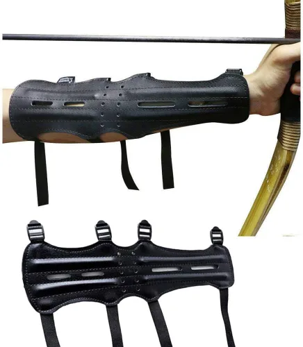 Miniatura 3 de Guardia de brazo de cuero con tiro con arco largo 4 correas antebrazo equipo de protección caza flecha arco