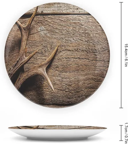 Miniatura 2 de XISUNYA Plato decorativo de 6 pulgadas, plato de cena con cuernos de ciervo en mesa de madera, impresión rústica de temporada de caza, cerámica