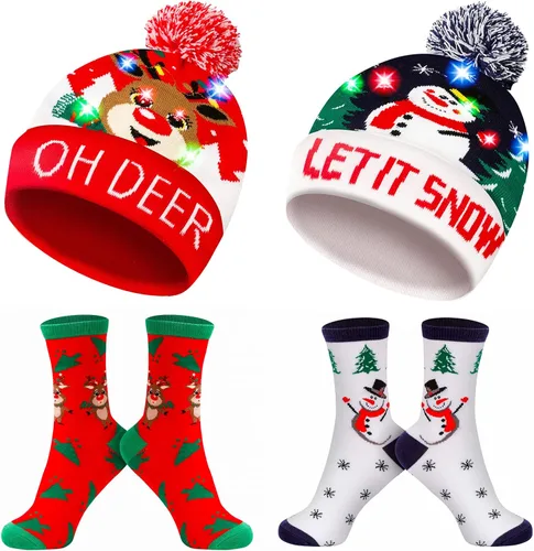 Miniatura 7 de MGparty Gorro de Navidad con luz LED, gorro de punto con calcetines de tripulación, regalos de fiesta de Navidad para adultos y niños