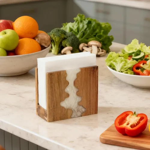 Miniatura 7 de Servilletero de madera de acacia para mesa, hecho a mano con diseño único de ondas y base resistente de 1.2 in para mesa de cocina, comedor, Blanco