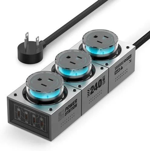 MFish E-Tank - Regleta de alimentación de escritorio GaN de 240 W con luz RGB, estación de carga rápida 7 en 1 (140 W PD 3.1) y 3 salidas de CA,