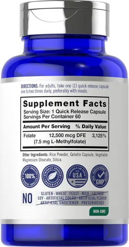 Miniatura 2 de Carlyle L Metilfolato 7.5 mg 60 cápsulas Optimizado y activado Sin OMG, sin gluten Folato de metilo, 5-MTHF por Opti-Folate