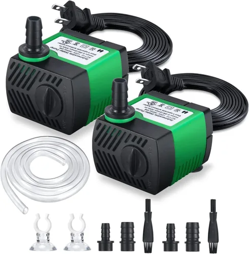 CWKJ Paquete de 2 bombas de agua sumergibles de 80 GPH (4 W 300 L/H) con tubo de 4.9 pies (1/3 pulgadas de ID), 3 boquillas para acuario, estanque,