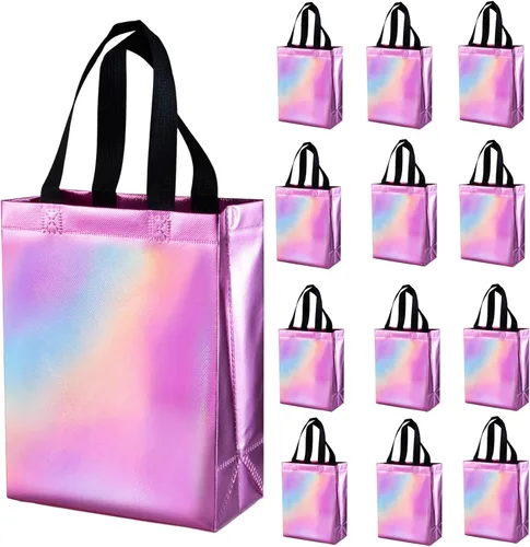 Miniatura 18 de 12 unidades de bolsas de regalo reutilizables no tejidas con asas para recuerdos de fiesta de 8 pulgadas de ancho x 4 pulgadas de largo x 10 Mix