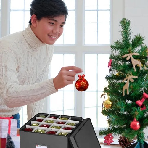 Miniatura 2 de Cofre de almacenamiento para adornos navideños, con 4 bandejas con capacidad para hasta 64 bolas de adorno, con separadores (gris)