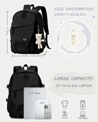 Miniatura 6 de Caoroky knight Mochila para portátil universitaria para hombres y mujeres, mochila grande para libros, ligera, mochila de viaje y día a día, Negro