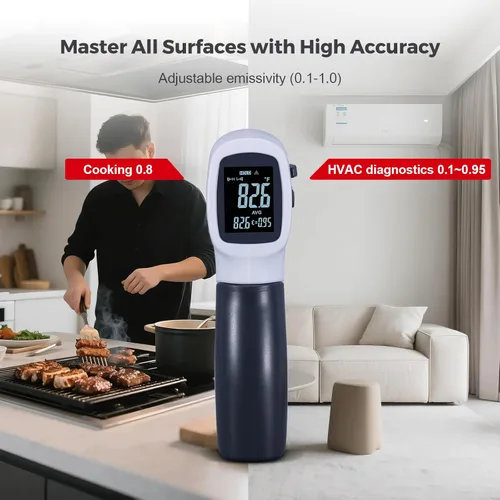 Miniatura 2 de Pistola de temperatura para carne, termómetro infrarrojo automotriz con anillo láser DS12: 1, pistola térmica digital con emisividad ajustable y Gris