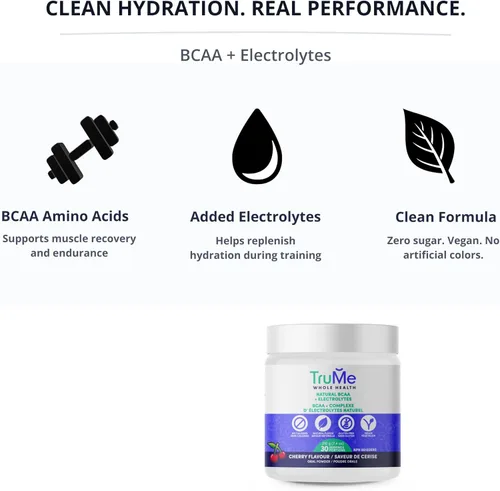 Miniatura 4 de TruMe Clean - Polvo de electrolitos BCAA vegano - Cereza - 2:1:1 sin azúcar sin sucralosa BCAA Aminoácidos Suplemento para mujeres/hombres
