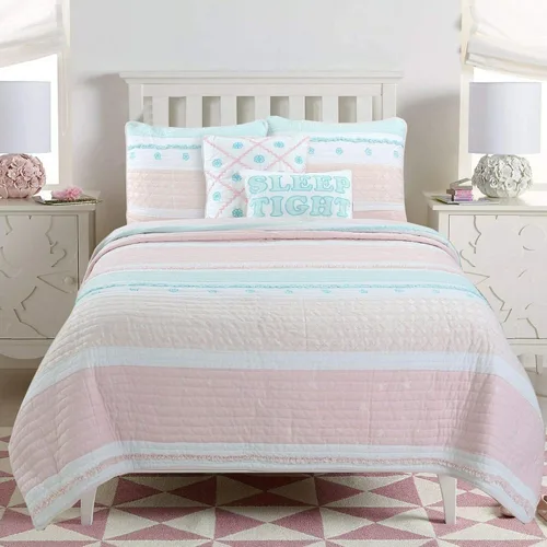 Cozy Line Home Fashions Juego de ropa de cama acolchado reversible de niña con volantes rosa claro y azul de 100% algodón, colcha, cubrecama (Candy,