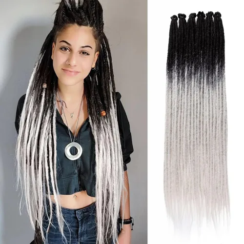 Miniatura 23 de Leeven Extensiones de rastas grises de 40 hebras de 18 pulgadas con terminación única hechas a mano, extensiones de rastas suaves de 0.6 cm