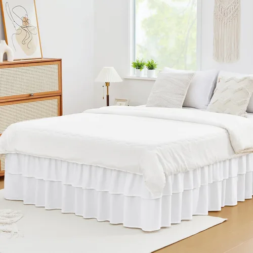 Miniatura 13 de Vocander Falda de Cama Rosa Tamaño Individual con Caída de 14 Pulgadas, Falda de Cama Elástica con Volantes Antipolvo, Fácil de Colocar, Faldas