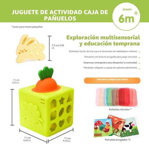 Miniatura 7 de hahaland Caja de pañuelos de silicona para bebé, juguetes Montessori de 6 a 12 meses, juguetes Montessori para bebés de 6 meses, cubo de actividades