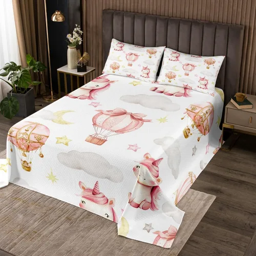 Miniatura 28 de Manfei Lindo pingüino para niños, tamaño individual, juego de colcha de princesa con lazo rosa con globo aerostático, decoración de habitación
