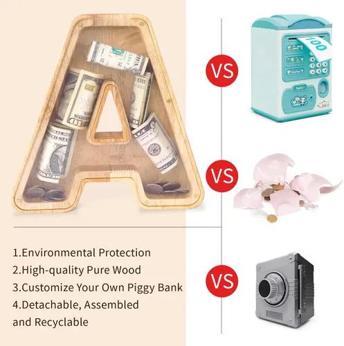 Miniatura 4 de WOOD CITY Alcancía con letras para adultos, niños y niñas, de madera de 9 pulgadas, caja de dinero personalizada grande de 9 pulgadas, nombre