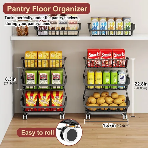 Miniatura 3 de Carrito de despensa rodante de 3 niveles con ruedas, organizador de piso de almacenamiento de alambre apilable para estantes de cocina, despensa