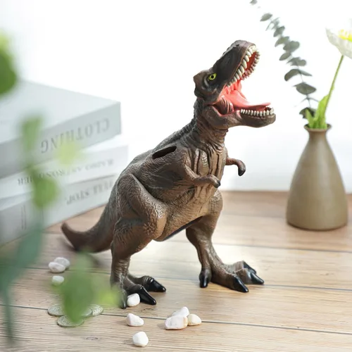 Miniatura 4 de Alcancía T-Rex de dinosaurio marrón resina, regalo de cumpleaños para niños.