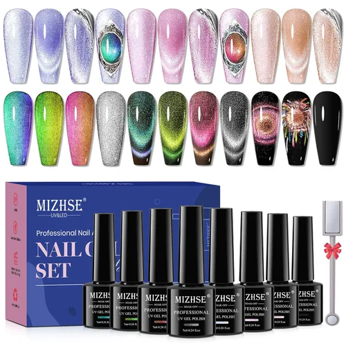 Miniatura 11 de MIZHSE - Juego de esmalte de uñas de gel de ojo de gato 9D de 8 colores, kit de esmalte de gel magnético mejorado con barra magnética, esmalte de A