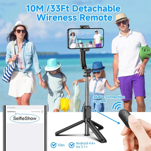 Miniatura 3 de SelfieShow Selfie Stick, Palo de Selfie Extensible con Trípode, Control Remoto Inalámbrico y Soporte de Trípode, Portátil, Ligero, Compatible