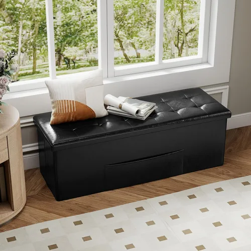 Miniatura 9 de Banco otomano plegable de almacenamiento de 43 pulgadas, taburete plegable para pie de cama con bolsillo lateral, baúl de almacenamiento para sala