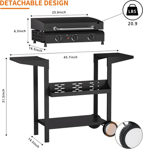Miniatura 7 de SKOK Parrilla de gas de 3 quemadores con campana, parrilla de propano para exteriores de 25.6 pulgadas, parrilla de gas portátil con parte superior