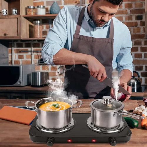 Miniatura 2 de Quemador doble de 2000 W, placa eléctrica para cocinar estufa de cocina portátil, quemador de encimera para cocina, dormitorio, control de Negro