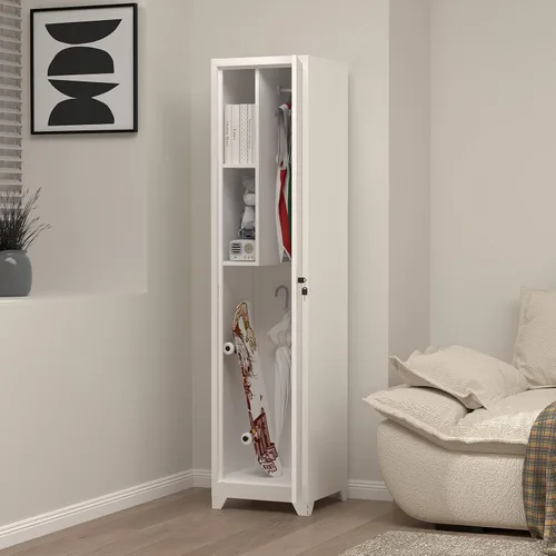 Miniatura 9 de Armarios de almacenamiento delgados para escobas, gabinete de metal con estantes y barra colgadora, gabinete de almacenamiento utilitario de 65