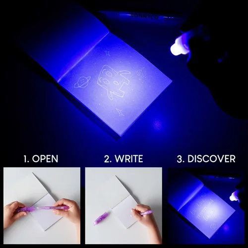 Miniatura 2 de BONNYCO Paquete de 32 bolígrafos y cuadernos de tinta invisible. Recuerdos de fiesta con temática espacial para niños, bolsas de regalo, piñata