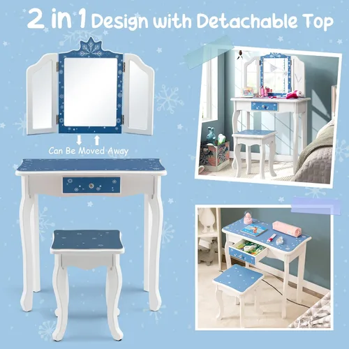 Miniatura 3 de GLACER Vanity - Tocador de maquillaje 2 en 1 con parte superior desmontable, espejo de tres pliegues, cajón, taburete, juego de mesa y silla