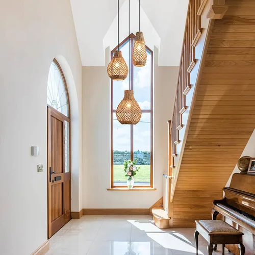 Miniatura 4 de Lámpara colgante de ratán de 3 luces, estilo bohemio, tejido de mimbre, costero, para colgar en el techo, para cocina, isla, sala de estar, comedor