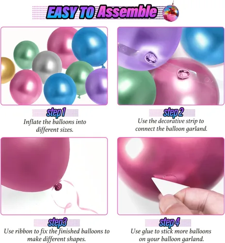 Miniatura 3 de FOTIOMRG Kit de arco de globos de discoteca de 135 piezas con globos de bola de discoteca, globos metálicos plateados, azul, verde, morado, rosa