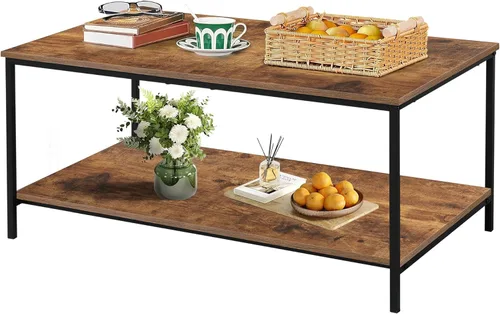 Miniatura 7 de SENIG Mesa de café de 2 niveles con estante de almacenamiento para espacios pequeños, mesa auxiliar rectangular de madera de roble gris y metal