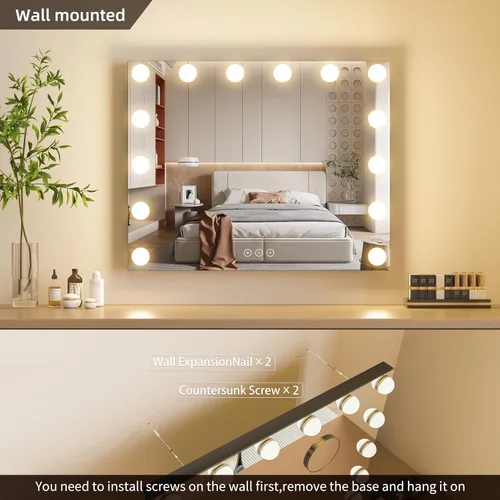 Miniatura 7 de Espejo de tocador con luces, espejo de maquillaje iluminado con bombillas LED regulables, 3 modos de iluminación de color, puerto de carga USB, Negro