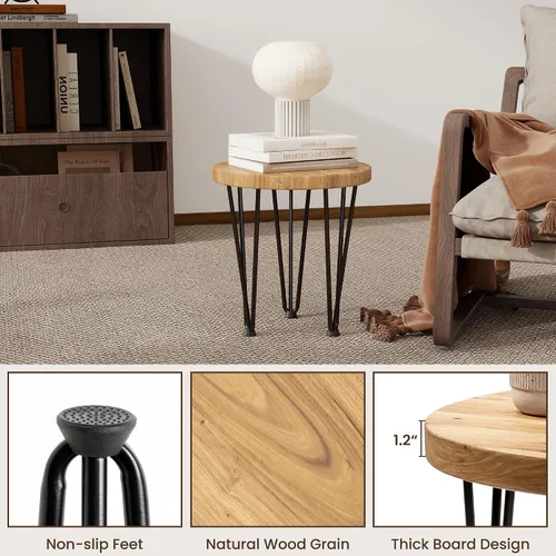 Miniatura 5 de Fun Memories Mesa auxiliar redonda – Mesa anidable de madera de olmo con patas de metal y base antideslizante – Mesas auxiliares rústicas anidables