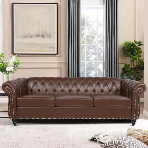 Miniatura 26 de LEVNARY Sillón tapizado de cuero, moderno sofá individual de mediados de siglo con brazos enrollados y cabeza de clavo, silla Chesterfield de piel
